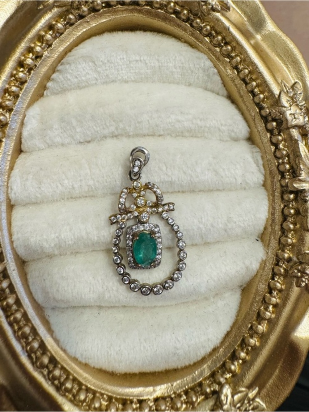 S925 emerald pendant bow silver and gold cz Edwardian Victorian antique